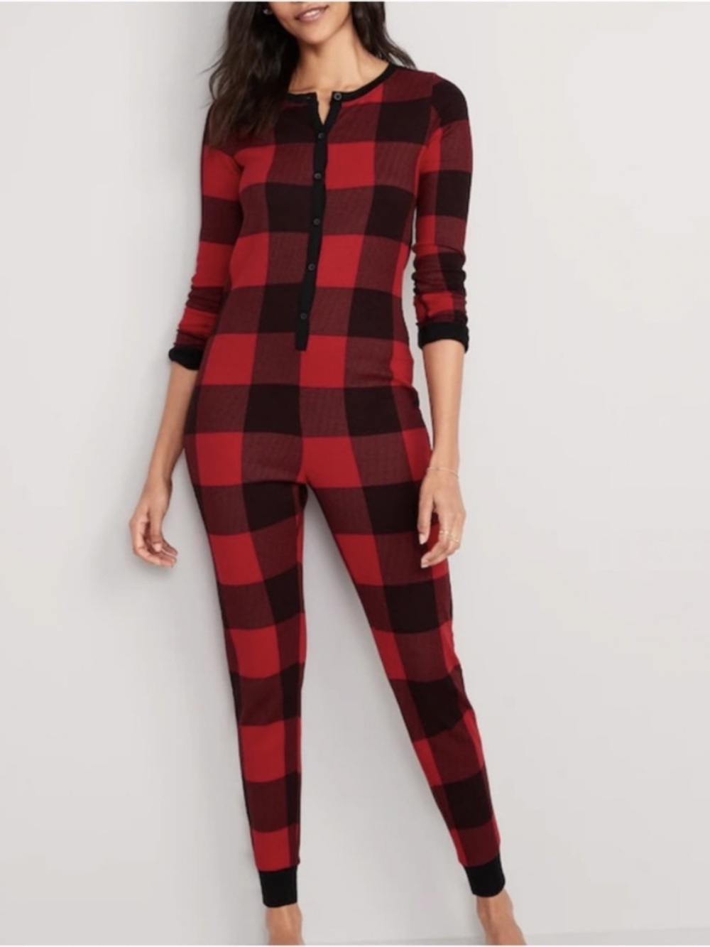 Old Navy Thermal Waffle Knit One-Piece Pajama Jingle Jammies Red Buffalo Plaid